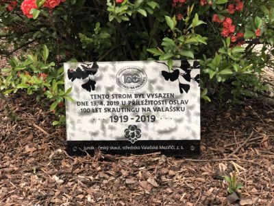 Glass sign with logo and description